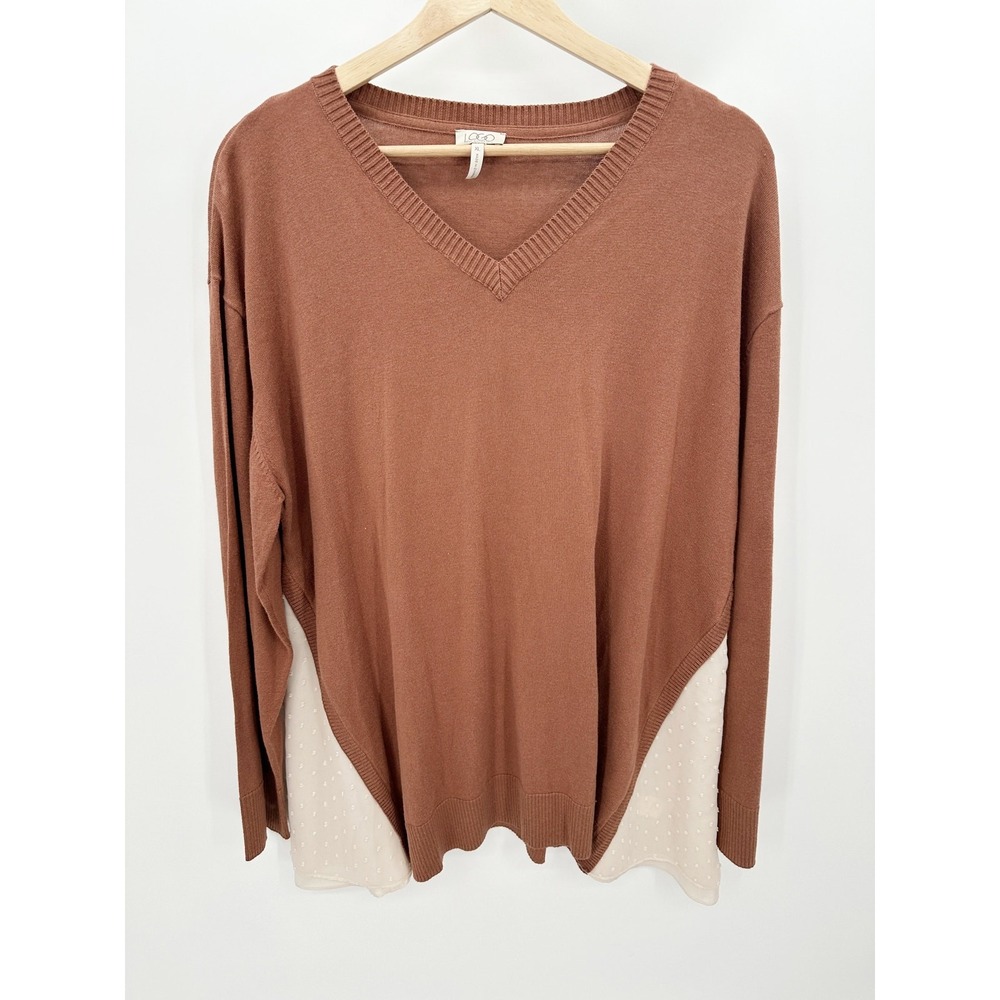 LOGO Lori Goldstein Women XL Brown Cotton Cashmere Swiss Dot Mixed Media Sweater